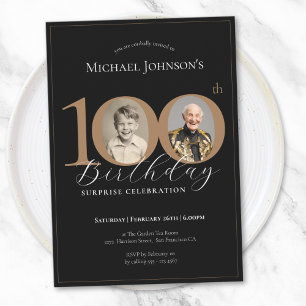 Invitación Elegante foto de oro negro sorprende 100 cumpleaño