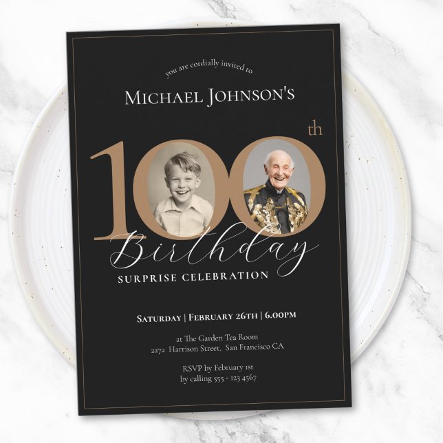 Invitación Elegante foto de oro negro sorprende 100 cumpleaño (Elegant Black Gold Photo Surprise 100th Birthday Invitation)