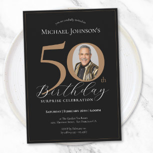Invitación Elegante foto de oro negro sorprende 50 cumpleaños