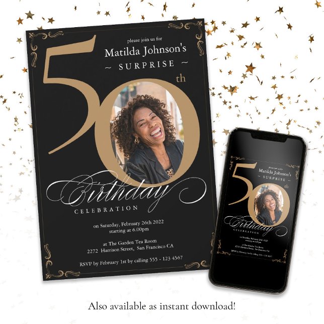 Invitación Elegante foto de oro negro sorprende 50 cumpleaños (Surprise 50th Birthday Elegant Black Gold Photo Invitation)