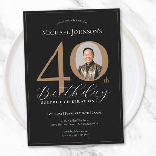Invitación Elegante foto de oro negro sorprende por 40 cumple