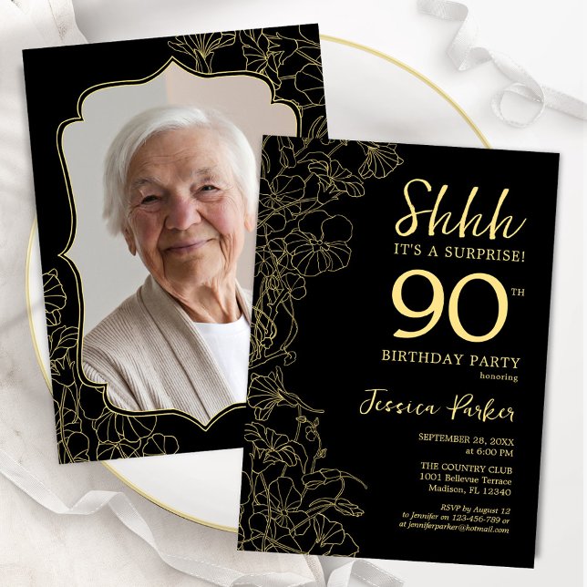 Invitación Elegante foto de oro negro sorprendida 90 cumpleañ (Subido por el creador)
