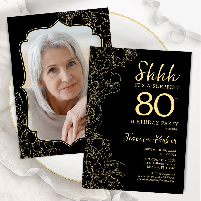 Invitación Elegante foto de oro negro sorpresa 80 cumpleaños (Subido por el creador)