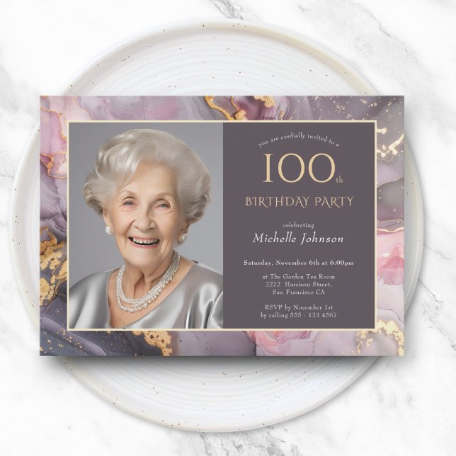 Invitación Elegante foto de oro rosa 100 cumpleaños (Elegant Pink Gold Photo 100th Birthday Invitation)