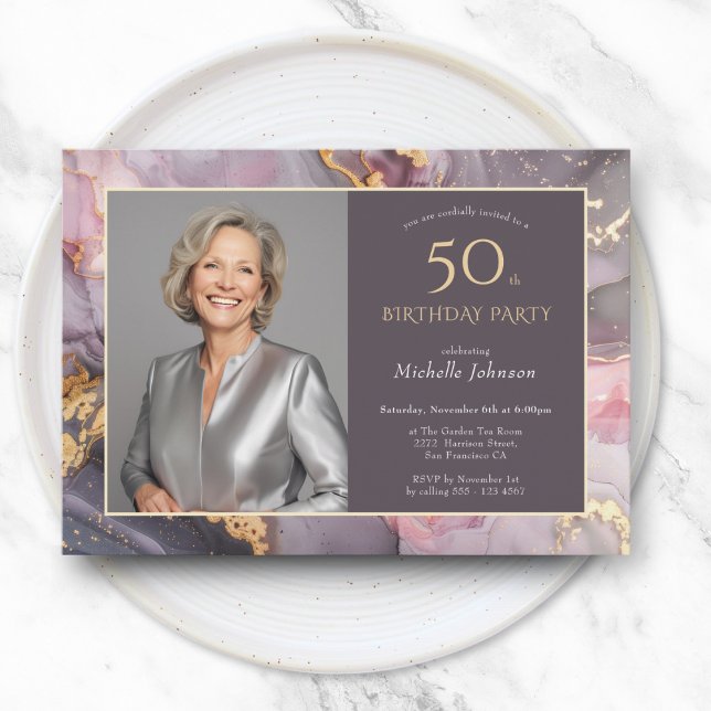 Invitación Elegante foto de oro rosado 50 cumpleaños (Elegant Pink Gold Photo 50th Birthday Invitation)
