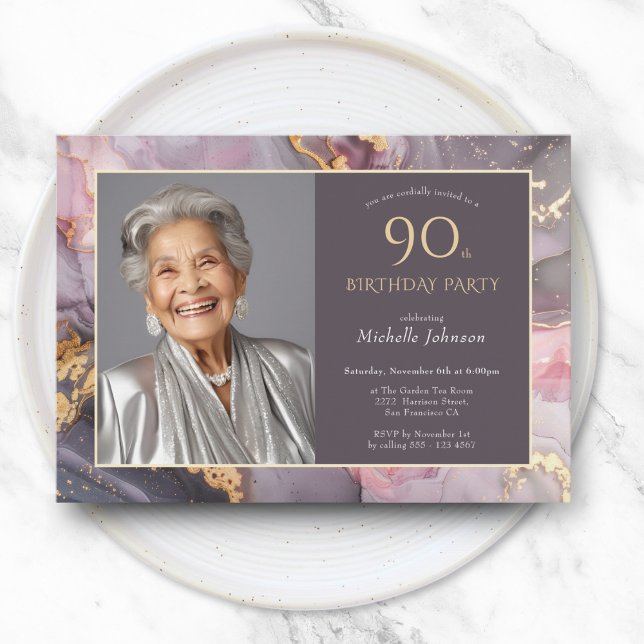 Invitación Elegante foto de oro rosado 90 cumpleaños (Elegant Pink Gold Photo 90th Birthday Invitation)