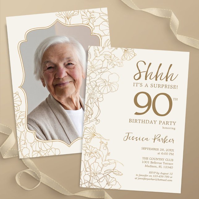 Invitación Elegante foto de oro sorprendida 90 cumpleaños (Subido por el creador)