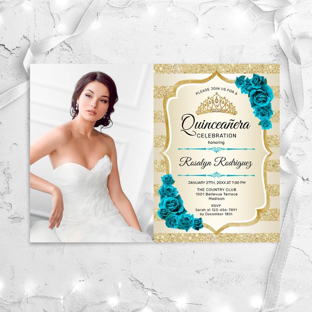 Invitación Elegante foto de oro verde azulado Quinceanera (Subido por el creador)