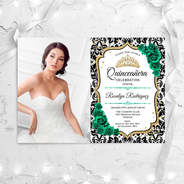 Invitación Elegante foto de oro verde esmeralda Quinceanera (Subido por el creador)