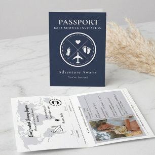 Invitación Elegante Foto de Pasaporte Azul Marino Baby Showe