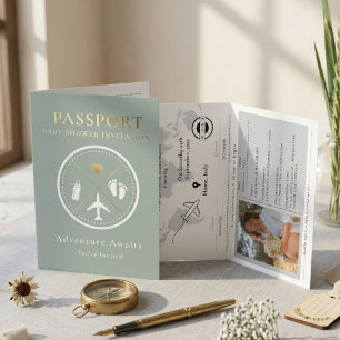 Invitación Elegante Foto de Pasaporte Verde Menta Niño Baby S
