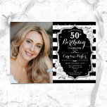 Invitación Elegante foto de plata blanca negra 50 cumpleaños<br><div class="desc">Elegante invitación de 50 años floral femenina con tu foto. Diseño rojo blanco y negro de cristal con plata falsa purpurina. Presenta rayas negras y blancas, rosas rojas, fuente de escritura y confeti. Perfecto para un elegante fiesta de celebración de cumpleaños. Personaliza con tus propios detalles. ¡Se puede personalizar para...</div>