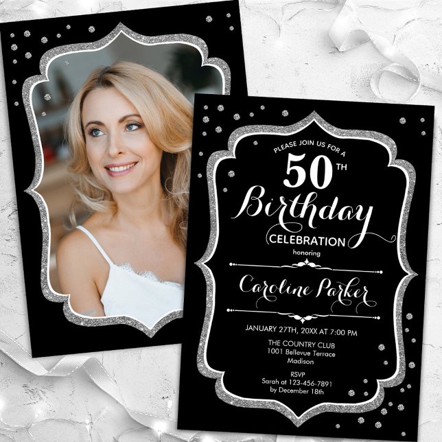 Invitación Elegante foto de plata negra 50 cumpleaños (Subido por el creador)