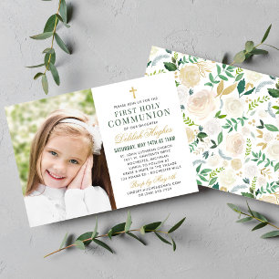 Invitación Elegante Foto de Primera Comunión Floral Verde Dor
