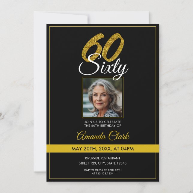 Invitación Elegante foto de Purpurina negro y dorado 60 cumpl (Anverso)