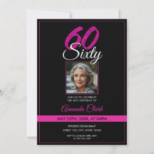 Invitación Elegante foto de Purpurina negro y rosa en el 60 a