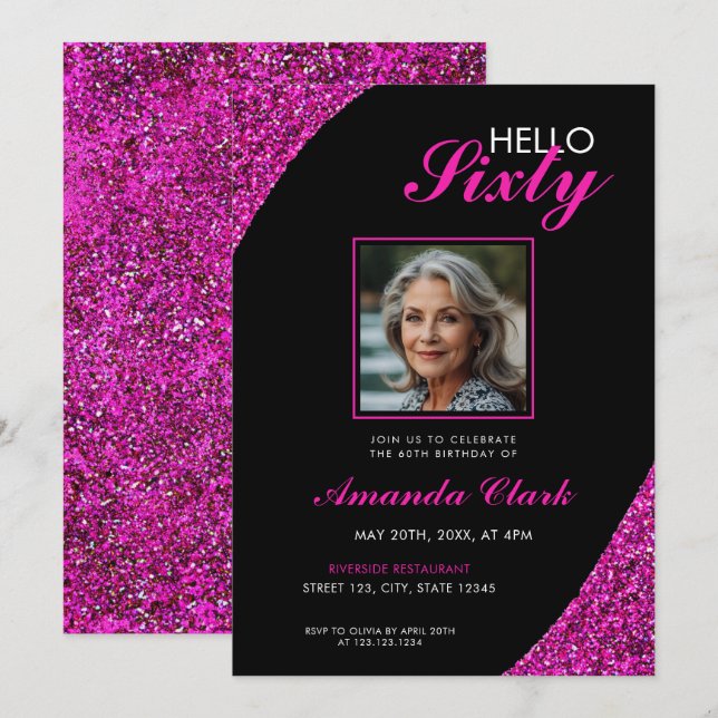 Invitación Elegante foto de Purpurina rosa 60 cumpleaños (Anverso / Reverso)