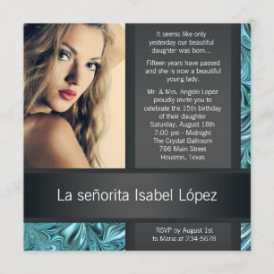 Invitación Elegante Foto de Quinceañera en Negro y Azul Turqu