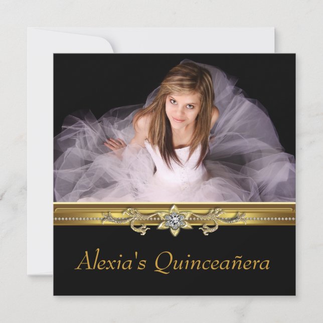 Invitación Elegante Foto de Quinceañera en Negro y Dorado (Anverso)