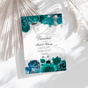 Invitación Elegante Foto de Quinceañera Floral en Verde Azul 