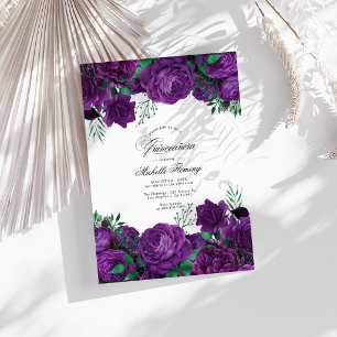 Invitación Elegante foto de Quinceañera floral morada y verde