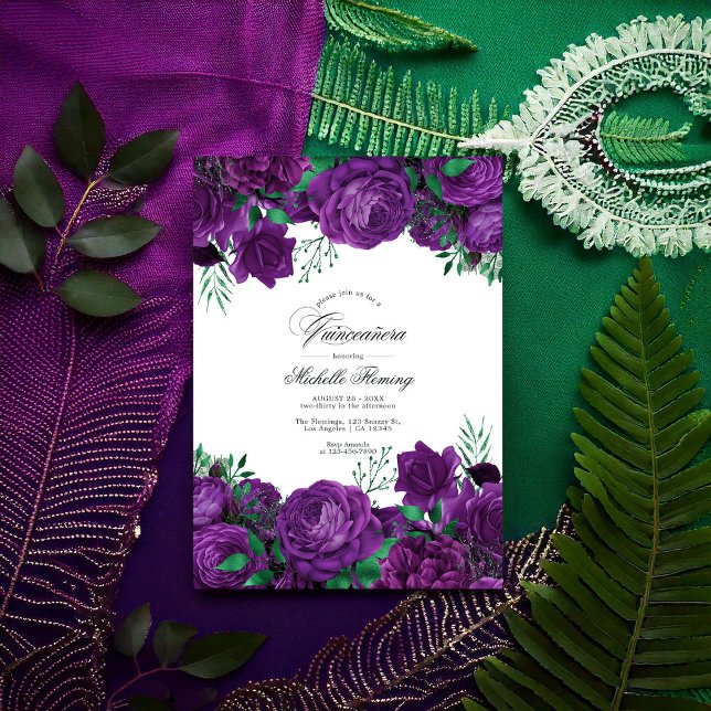 Invitación Elegante foto de Quinceañera floral morada y verde (Elegant Purple and Green Floral Quinceañera Photo Invitation)