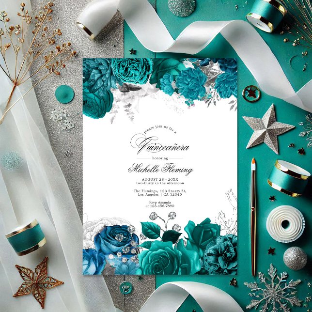 Invitación Elegante foto de Quinceañera floral Verde azulada  (Elegant Teal and Silver Floral Quinceañera Photo Invitation)