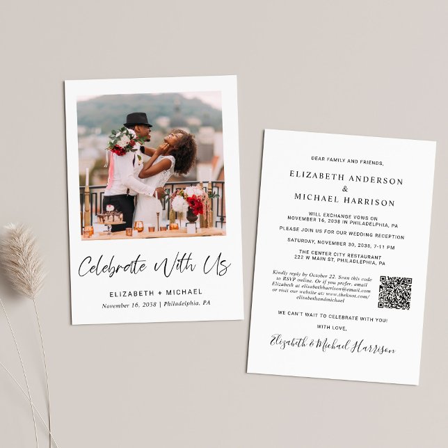 Invitación Elegante Foto de recepción de matrimonio con códig (Upload your photo and input your wedding website address to create a QR code)