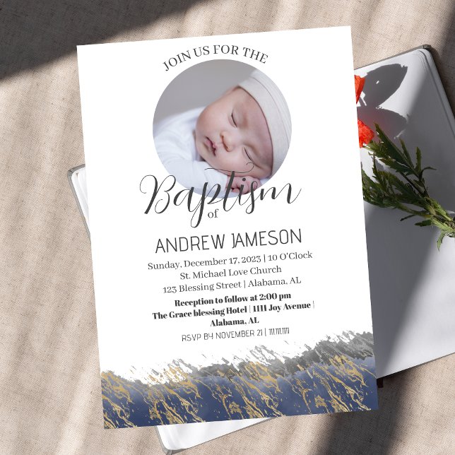 Invitación Elegante foto de redondeo azul cristiano | Bautism (Subido por el creador)