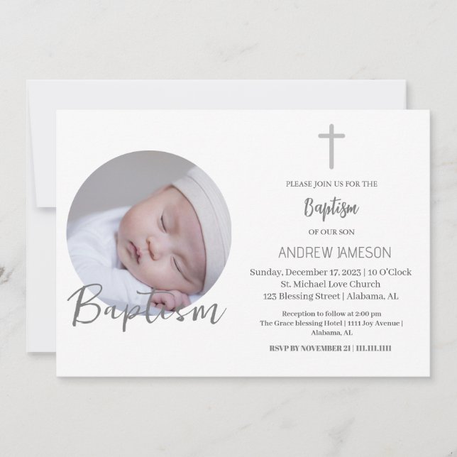Invitación Elegante foto de redondeo azul cristiano | Bautism (Anverso)