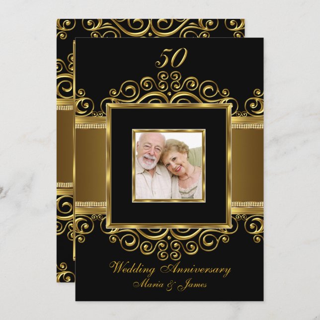 Invitación Elegante Foto de remolino de oro y negro 50 Aniver (Anverso / Reverso)