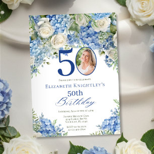 Invitación Elegante foto de rosas hortensias azules para cump