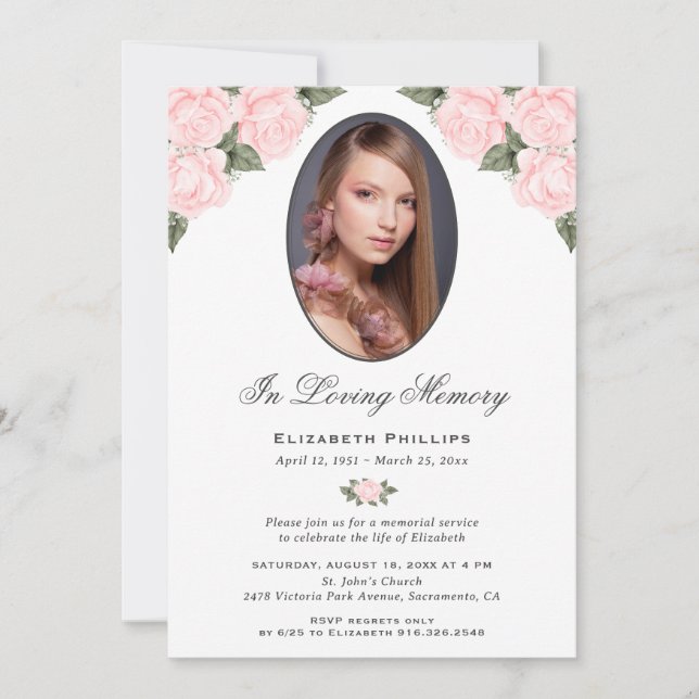 Invitación Elegante Foto De Rosas Rosa Rosadas En Memoria Ama (Anverso)