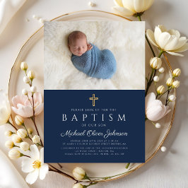 Invitación Elegante foto de travesía religiosa azul de niño b