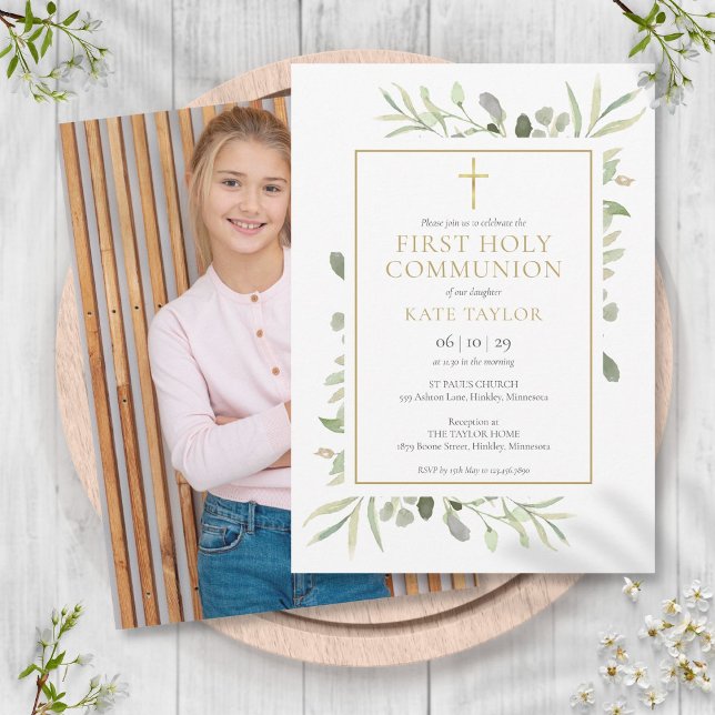 Invitación Elegante Foto de Verde Primero Comunión (Elegant Greenery Photo First Holy Communion Invitation)
