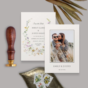 Invitación Elegante foto de Wildflower Beige salva la fecha