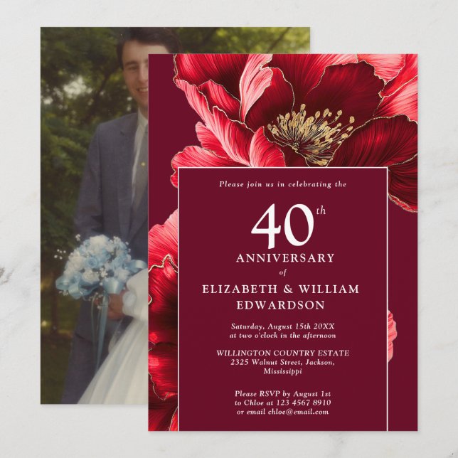 Invitación Elegante foto del 40º aniversario de la Floral Roj (Anverso / Reverso)