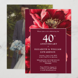 Invitación Elegante foto del 40º aniversario de la Floral Roj