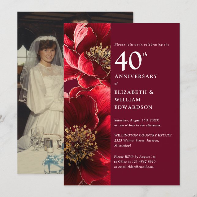 Invitación Elegante foto del 40º aniversario de la Floral Roj (Anverso / Reverso)