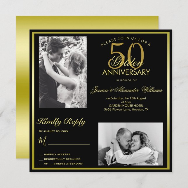 Invitación Elegante foto del 50° aniversario del Boda de Oro (Anverso / Reverso)