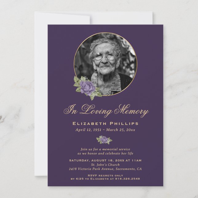 Invitación Elegante foto del servicio Purple Gold Memorial (Anverso)