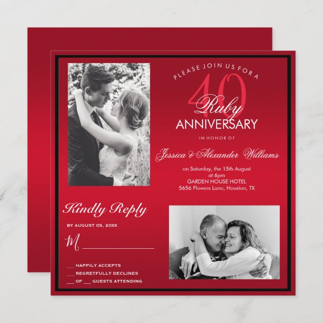 Invitación Elegante foto doble de 40 años de Boda en Ruby (Anverso / Reverso)