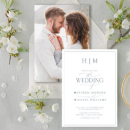 Invitación Elegante foto en monograma de caligrafía azul turb