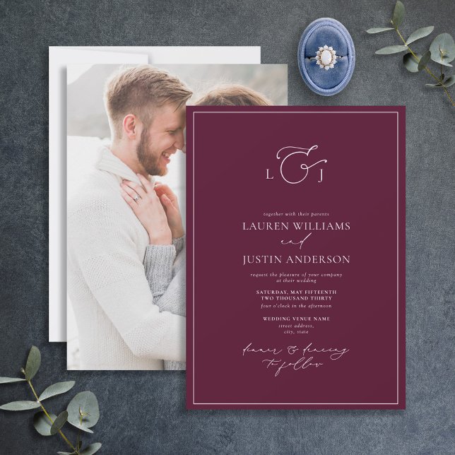 Invitación Elegante foto en monograma de caligrafía borgoñona (Subido por el creador)