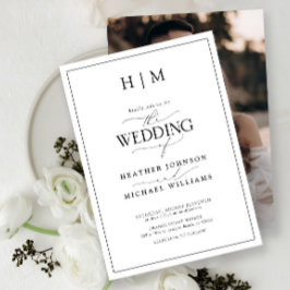 Invitación Elegante foto en monograma de caligrafía en blanco