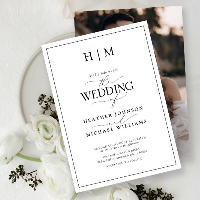 Invitación Elegante foto en monograma de caligrafía en blanco (Wedding Invitation!)
