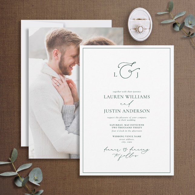 Invitación Elegante foto en monograma de caligrafía verde esm (Subido por el creador)