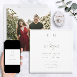 Invitación Elegante foto en monograma de caligrafía verde sab