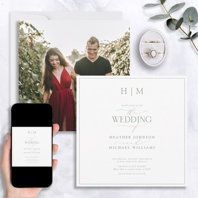 Invitación Elegante foto en monograma de caligrafía verde sab (Subido por el creador)