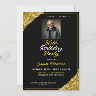 Invitación Elegante foto en negro y oro 90 cumpleaños